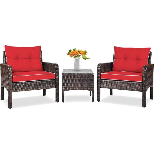 3-Piece Brown PE Rattan Outdoor Dining Patio Furniture Set with Red