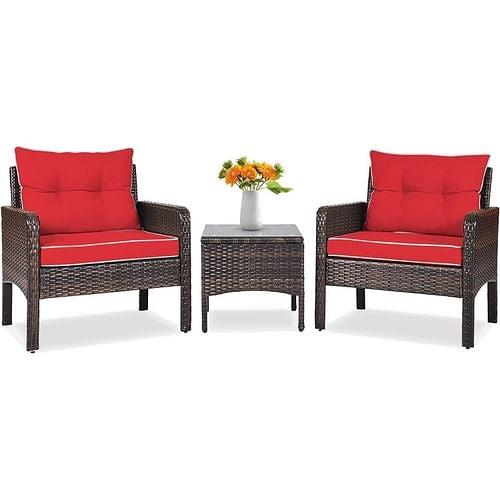 3-Piece Brown PE Rattan Outdoor Dining Patio Furniture Set with Red